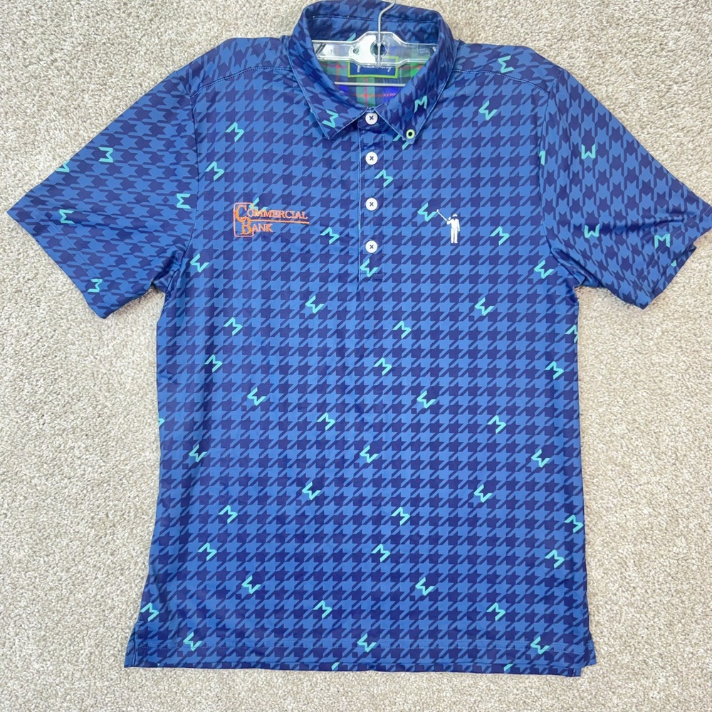 William Murray Polo Men Small Blue Houndstooth Short Sleeve Golf EUC